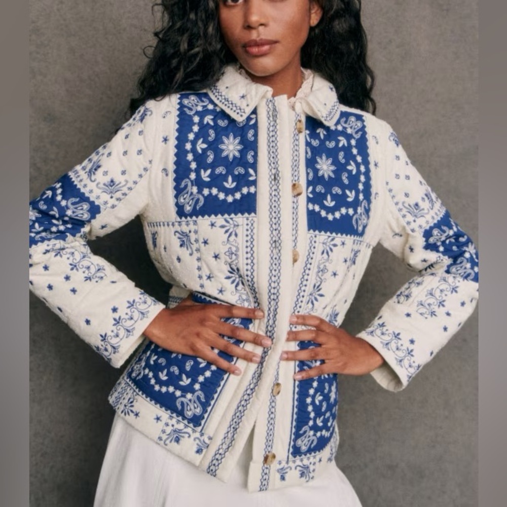 CAROLINE CONSTAS Blue and White Linen Jacket with Patchwork Bandana Print 💙🩵